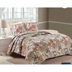 Elise & James Home Brushed Ashore Seashell Queen Quilt Cotton Coverlet 88”x92”